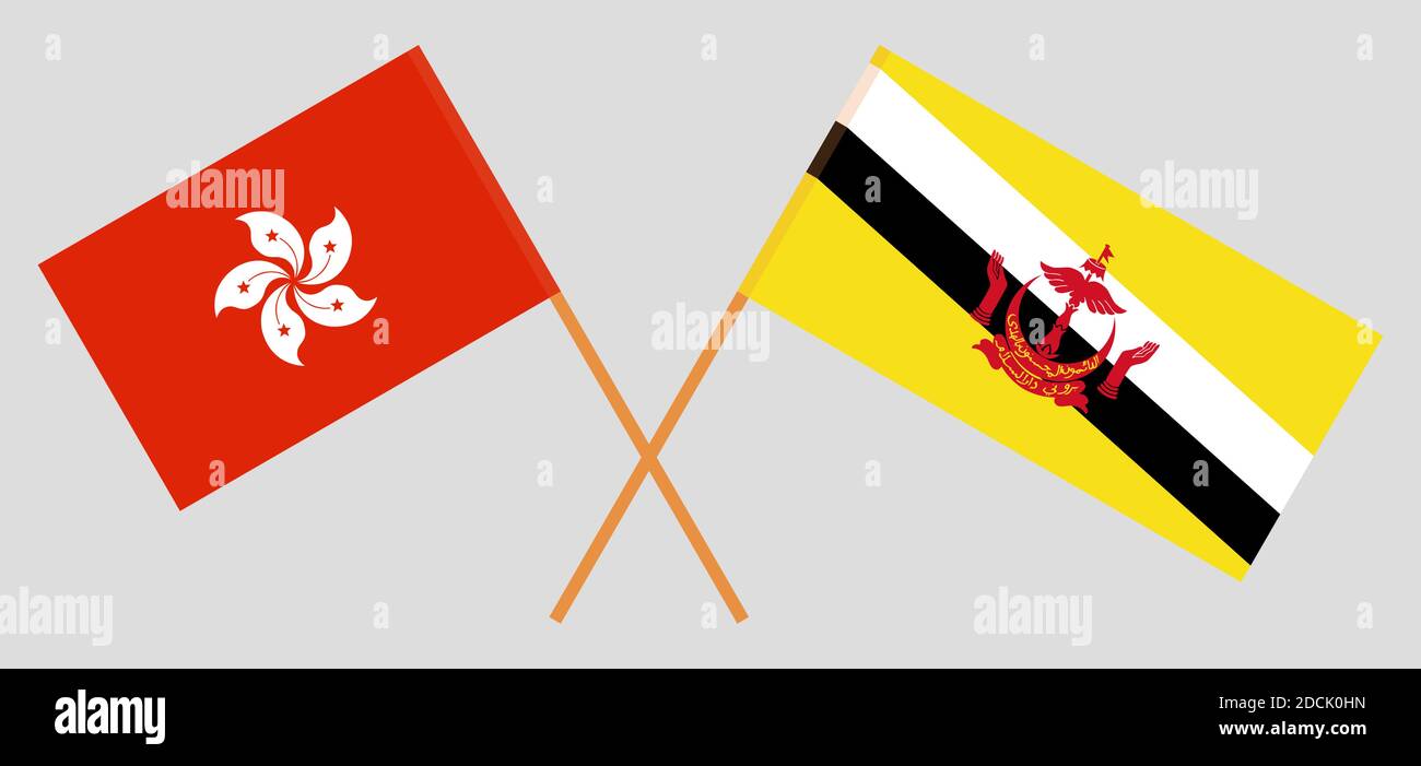 Gekreuzte Flaggen von Brunei und Hongkong. Offizielle Farben. Korrektes Verhältnis. Vektorgrafik Stock Vektor