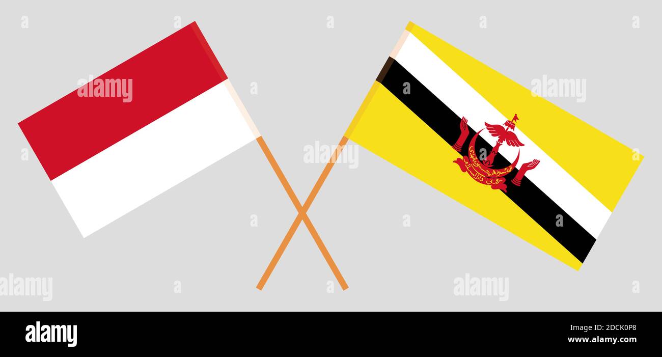 Gekreuzte Flaggen von Brunei und Indonesien. Offizielle Farben. Korrektes Verhältnis. Vektorgrafik Stock Vektor
