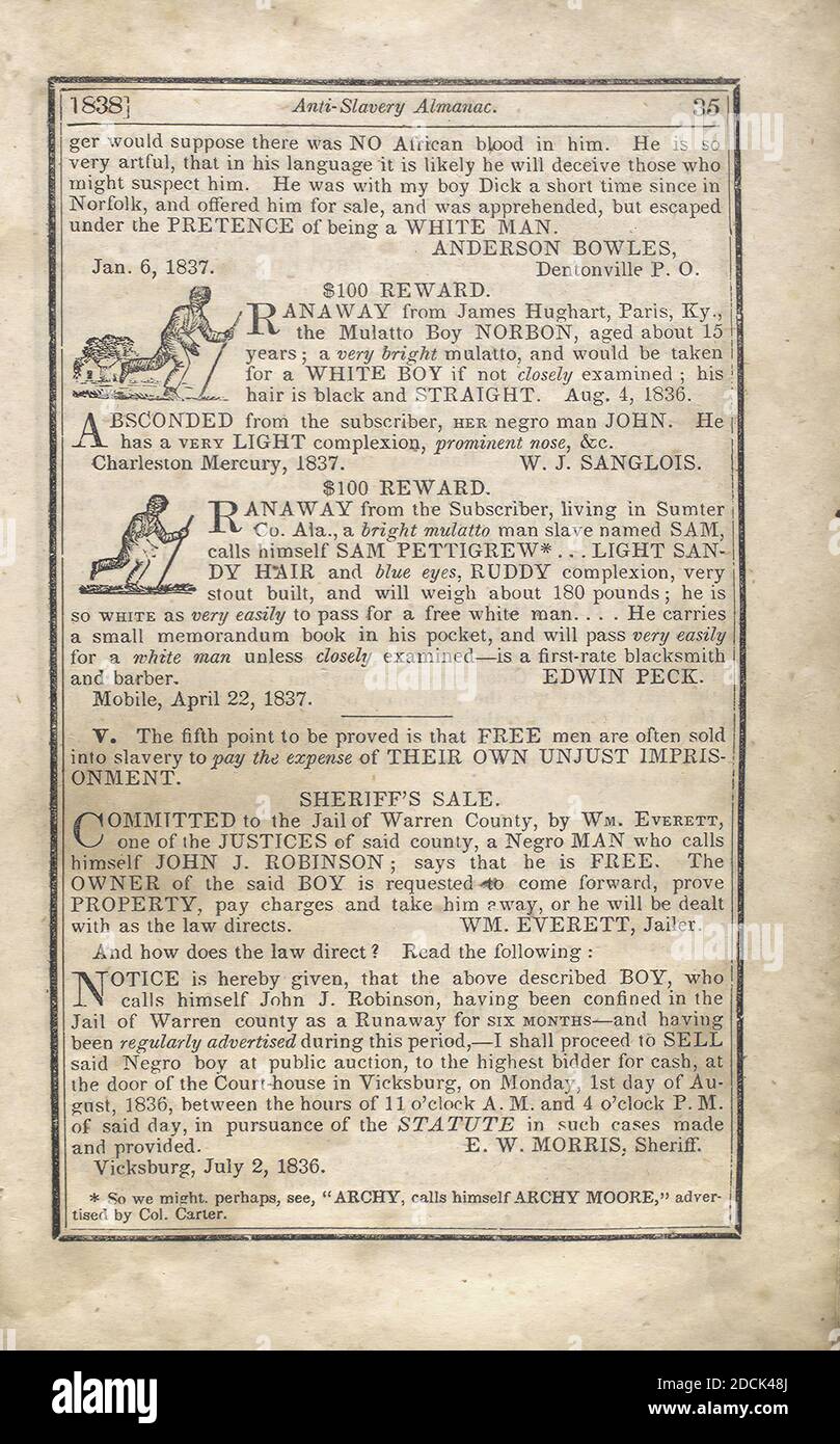 100 € Belohnung Runaway Slave Notices., Standbild, Illustrationen, 1836 - 1844 Stockfoto