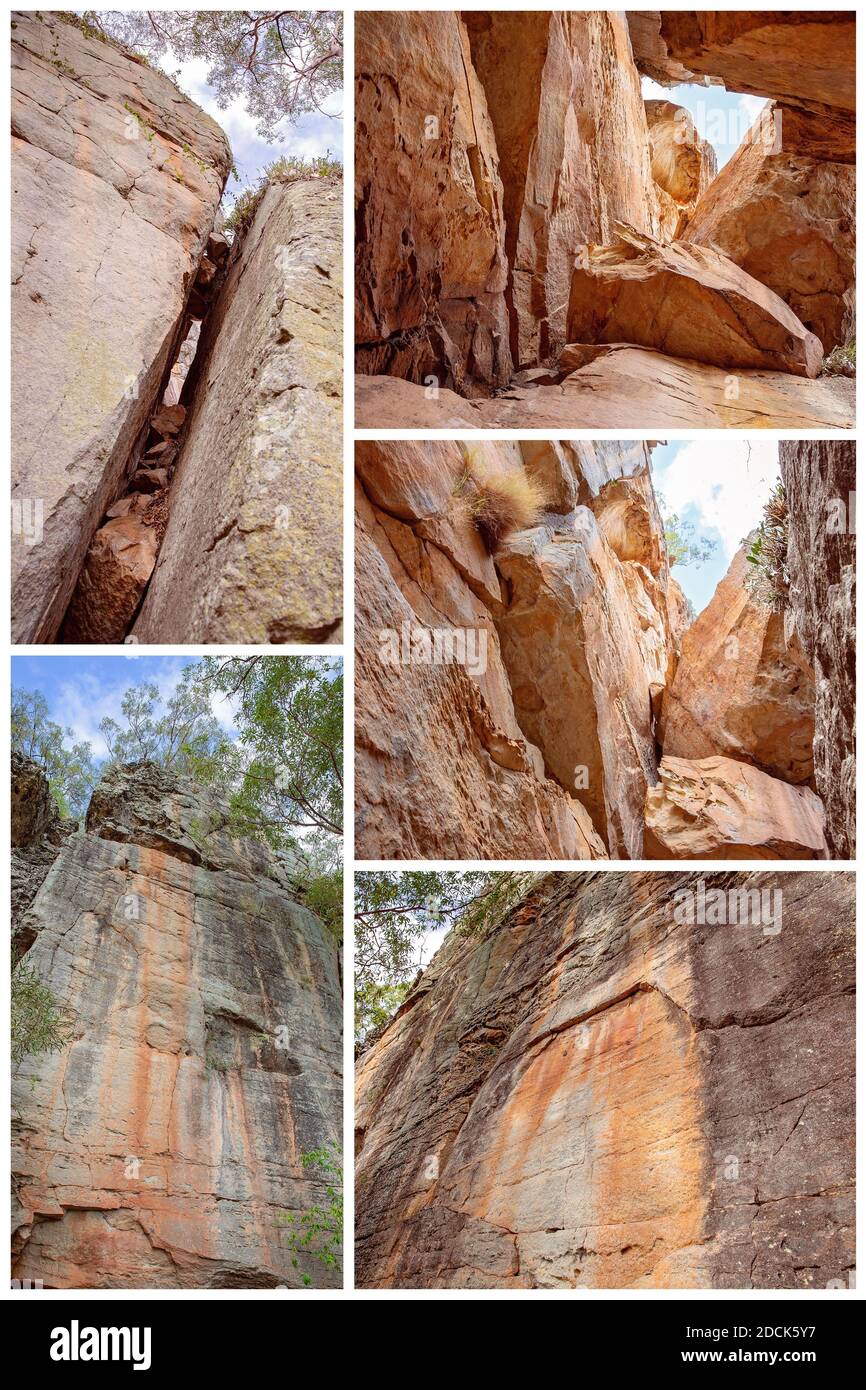 Collage aus Sandsteinspalten in den Klippen der Cania Gorge Queensland Australien Stockfoto
