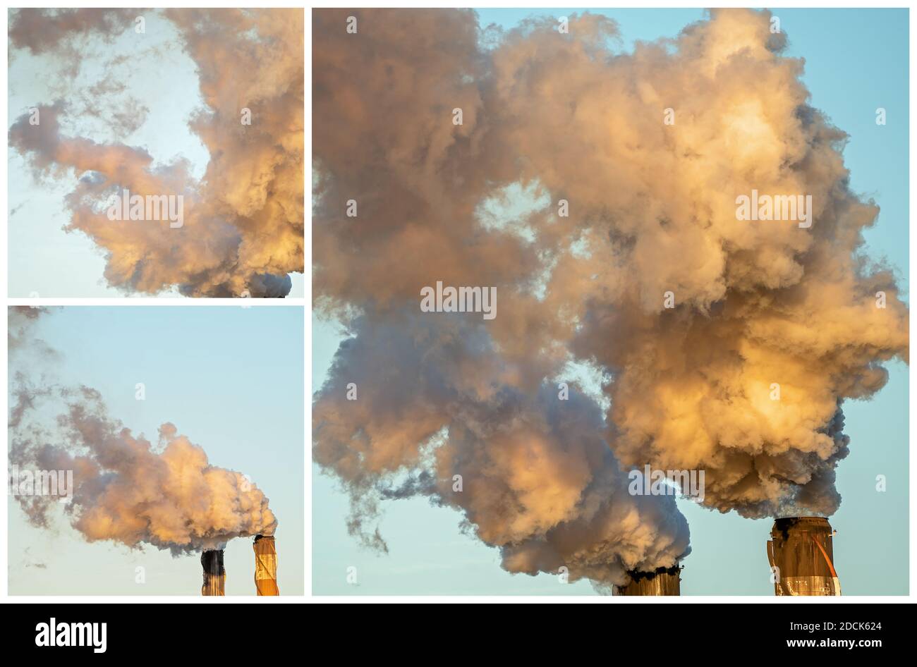 Collage aus Rauchwolken, die die Atmosphäre während der Zerkleinerungssaison verschmutzen In einer australischen Zuckerfabrik Stockfoto