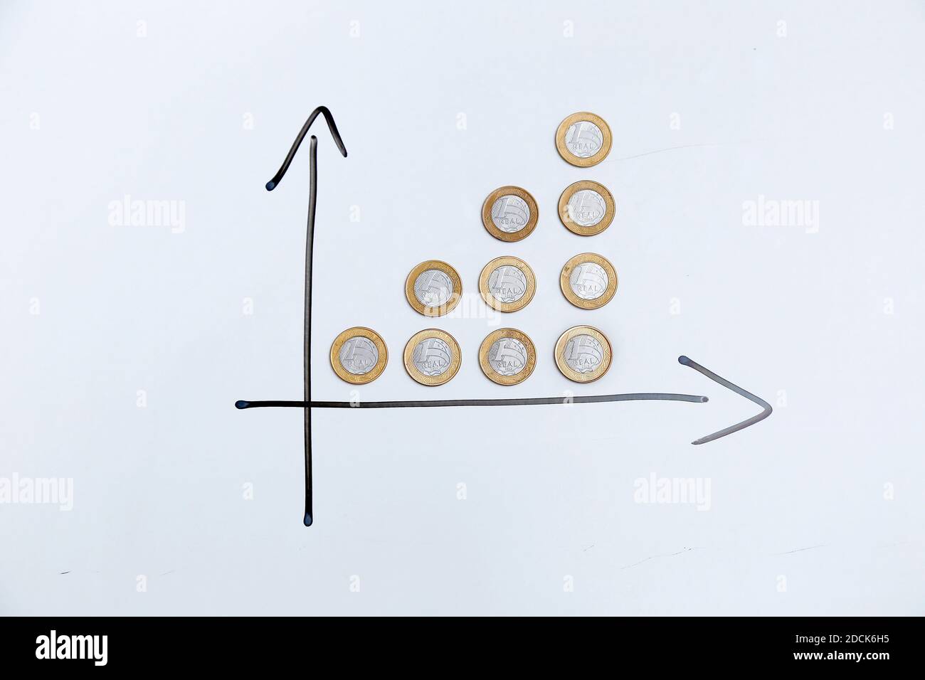 Münzen auf weißem Hintergrund und Richtungspfeile, die das Wachstum von Zeit und Gewinn anzeigen - Finanz-, Einkommen und Zinskonzept. Stockfoto