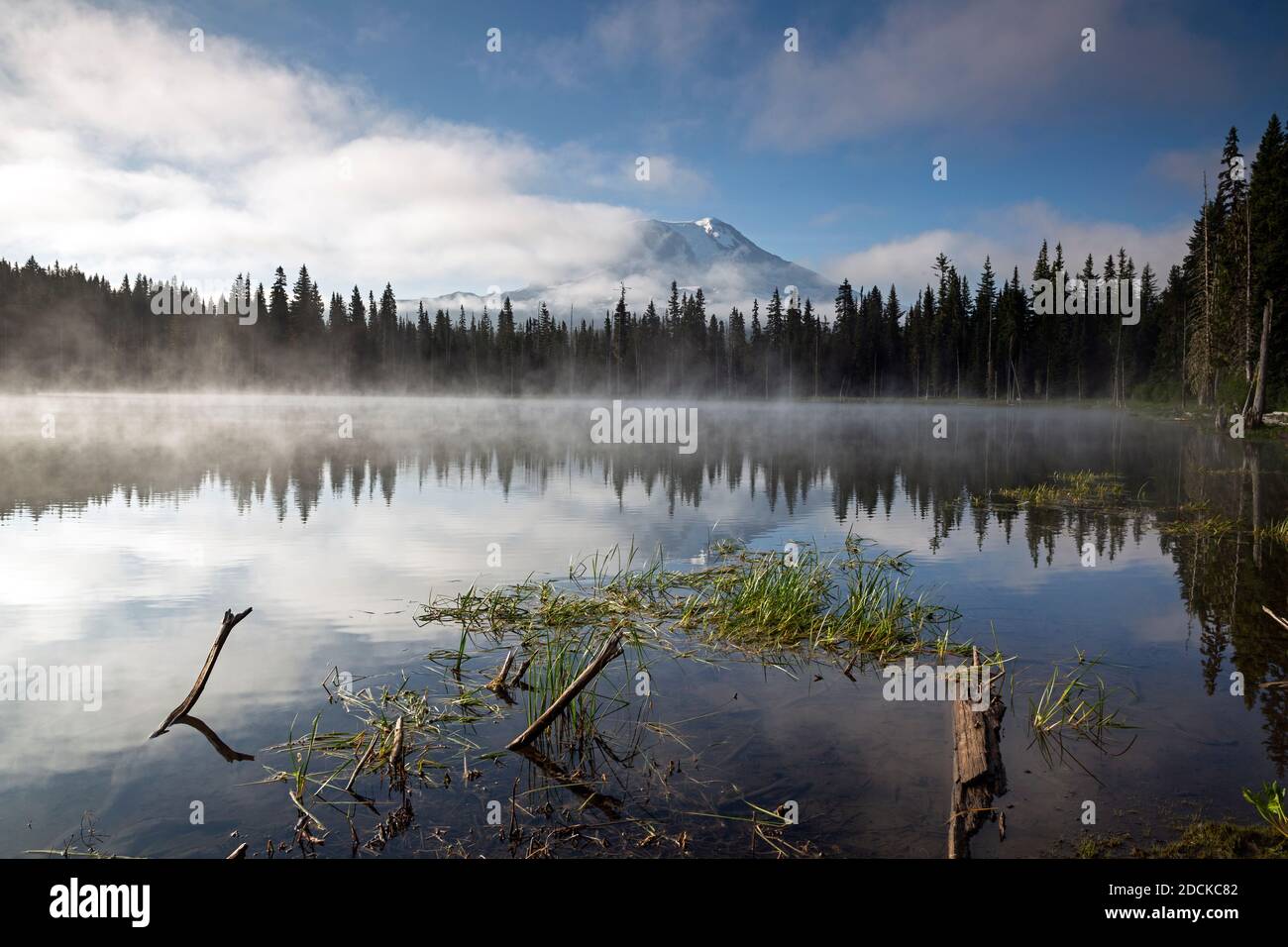 WA18374-00...WASHINGTON - Mount Adams spiegelt sich in Horseshoe Lake im Gifford Pinchot National Forest. Stockfoto