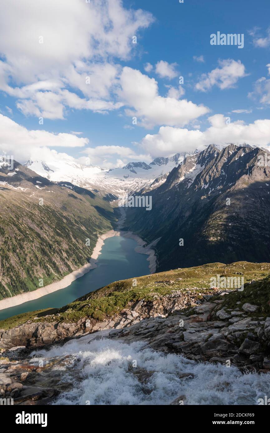 Blick vom Berliner Höhenweg auf den Schlegeisstausee, Schlegeisstausee, Zillertaler Alpen, Schlegeiskeesgletscher, Zillertal, Tirol, Österreich Stockfoto