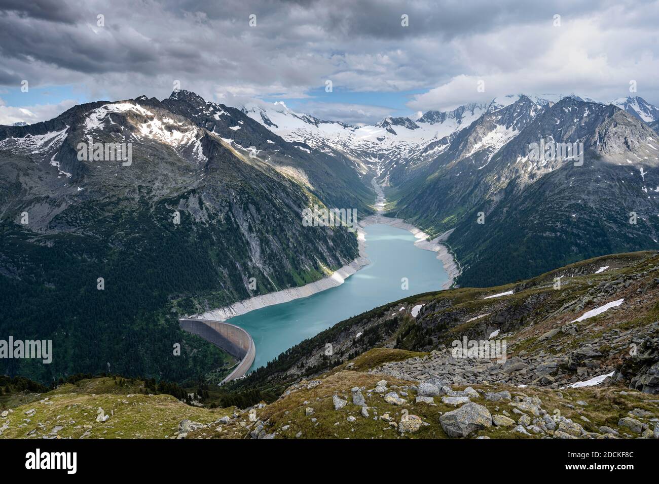 Blick vom Berliner Höhenweg auf den Schlegeisstausee, Schlegeisstausee, Zillertaler Alpen, Schlegeiskeesgletscher, Zillertal, Tirol, Österreich Stockfoto