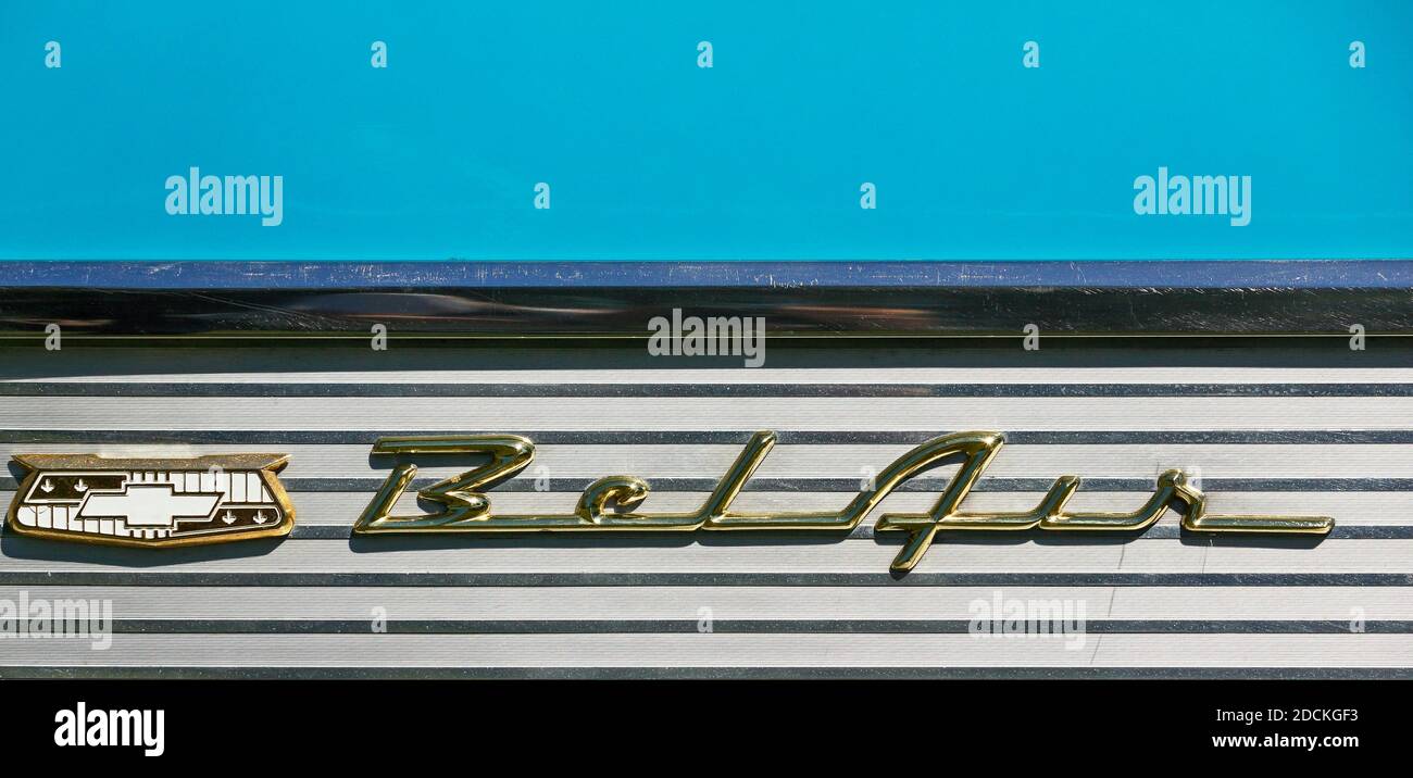 Schriftzug Oldtimer Chevrolet Bel Air, historisches Fahrzeug, Deutschland Stockfoto