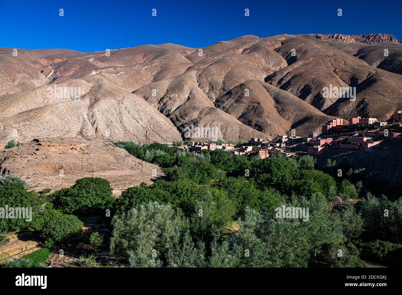 Berge, erodierte Landschaft mit Flussoase und kleines Dorf im oberen Dades-Tal, Oued Dades bei Msemrir, hoher Atlas, Süd-Marokko, Marokko Stockfoto