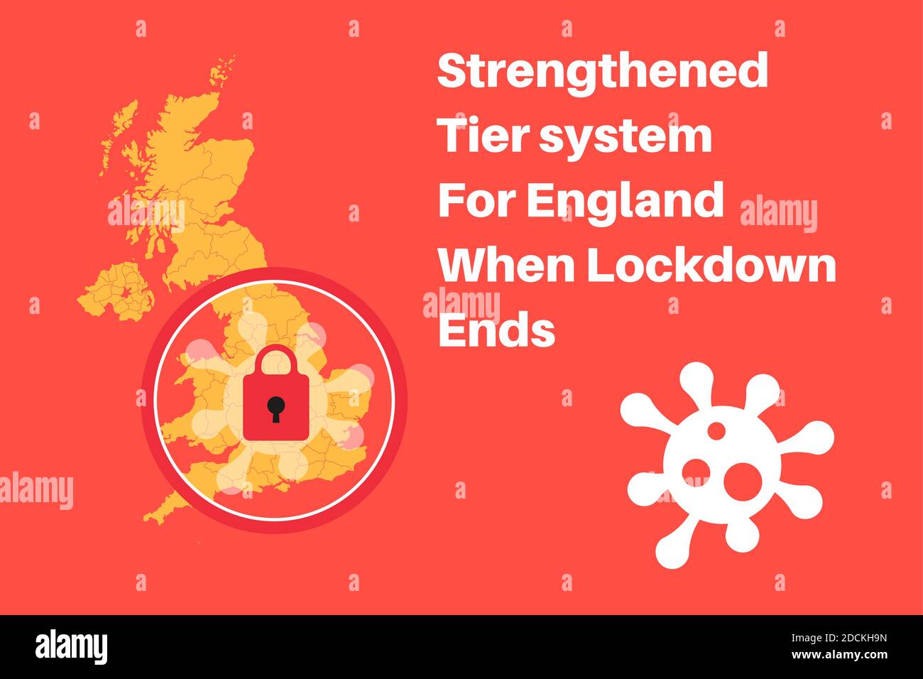 Covid-19 verstärktes Tier-System für england nach Lockdown - Vektor-Illustration auf rotem Hintergrund mit einem Virus-Symbol. Stock Vektor