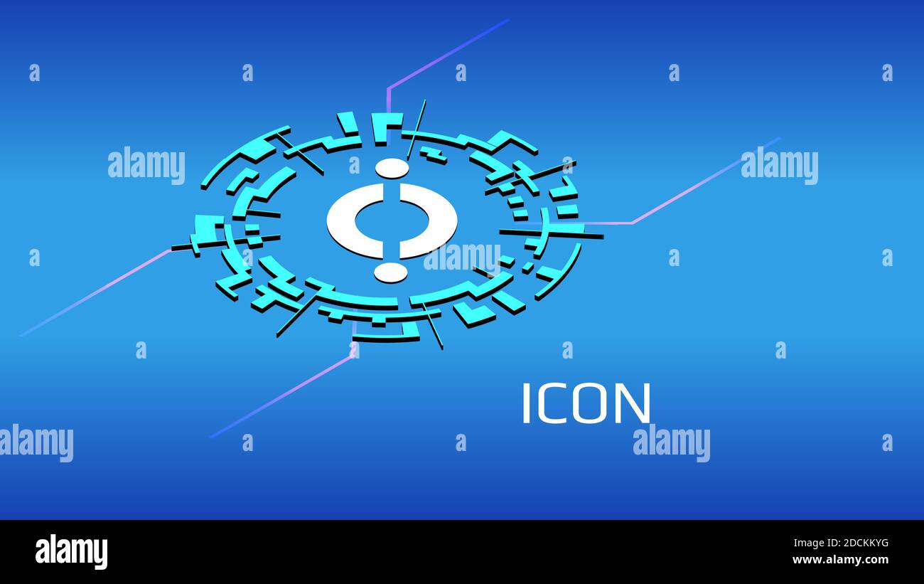 Symbol isometrisches Token-Symbol ICX im digitalen Kreis auf blauem Hintergrund. Kryptowährung-Symbol. Vektorgrafik für Website oder Banner. Stock Vektor