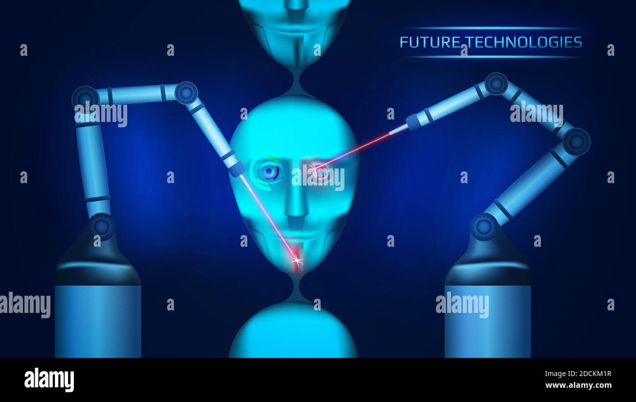 Ein futuristisches Konzept zur Schaffung künstlicher Intelligenz auf einem Förderband. Zwei mechanische Manipulatoren erzeugen kybernetische Roboterköpfe mit Lasern. Stock Vektor