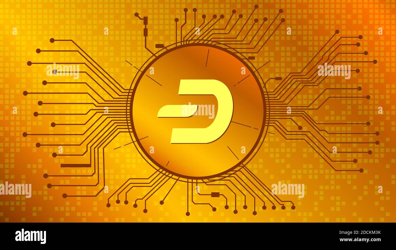 Dash Kryptowährung Token Symbol, Münze Symbol im Kreis mit pcb auf Gold Hintergrund. Vektor-Illustration im Techno-Stil für Website oder Banner. Stock Vektor