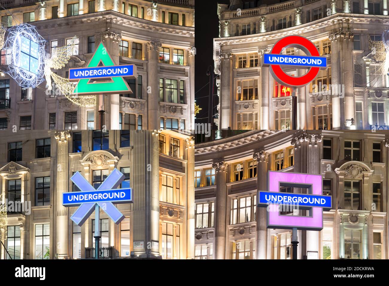 Sony Playstation 5 PS5 Launch Underground Station Entrance Sign Buttons Icons Logo Night Neon Lights in Oxford Circus, West End, London, WC1 Stockfoto