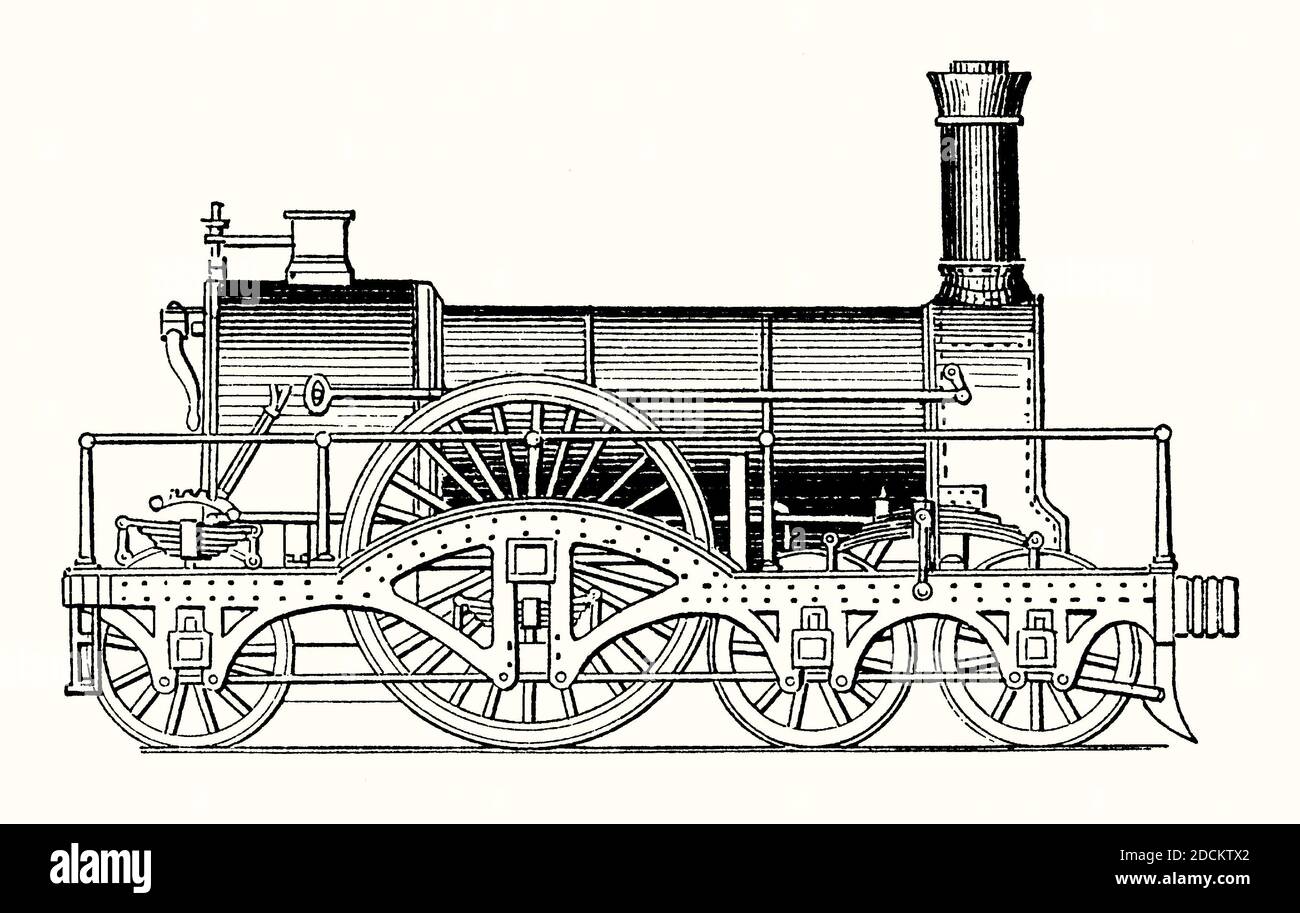 Ein alter Stich eines Daniel Gooch Designs, der ‘Iron Duke’ Klasse, für die Great Western Railway in England, UK 1846. Es ist aus einem viktorianischen Maschinenbaubuch der 1880er Jahre. Sir Daniel Gooch (1816–1889) war ein englischer Eisenbahnlokomotive und transatlantischer Seilingenieur. Von 1837 bis 1864 war er der erste Superintendent für Lokomotivmotoren auf dem GWR und dessen Vorsitzender von 1865 bis 1889. Die Iron Duke-Klasse wurde zwischen 1847 und 1855 in Dienst gestellt. Diese Motoren verbrannten ursprünglich Koks, aber später wurde Kohle verwendet. Die Loks waren extrem schnell und hatten eine Höchstgeschwindigkeit von fast 80 mph. Stockfoto