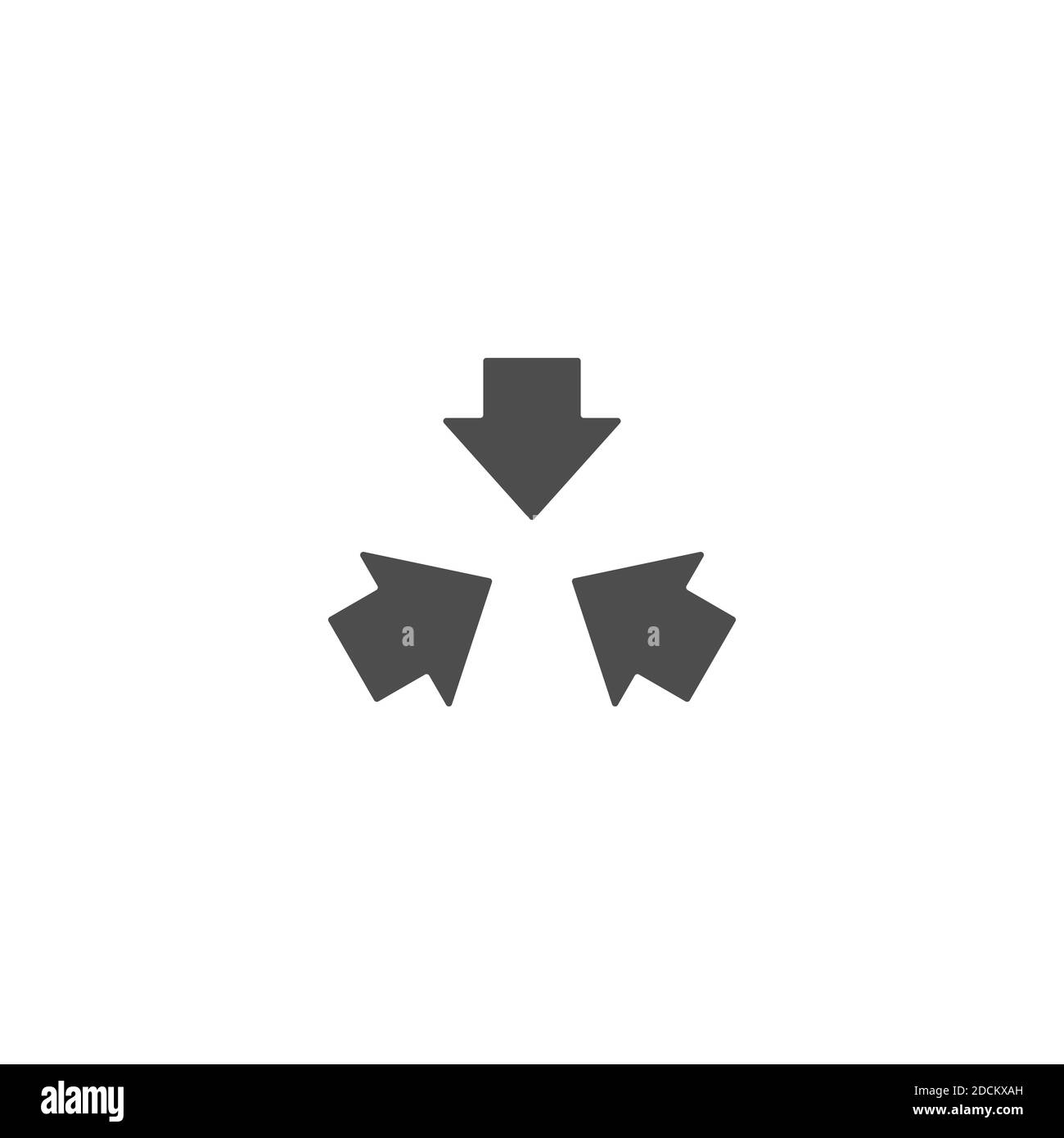 Drei schwarze Pfeile zeigen in die Mitte. Symbol für dreifache Kollisionspfeile. Symbol für Richtung zusammenführen. Vektorgrafik. Isoliert auf Weiß. Stock Vektor