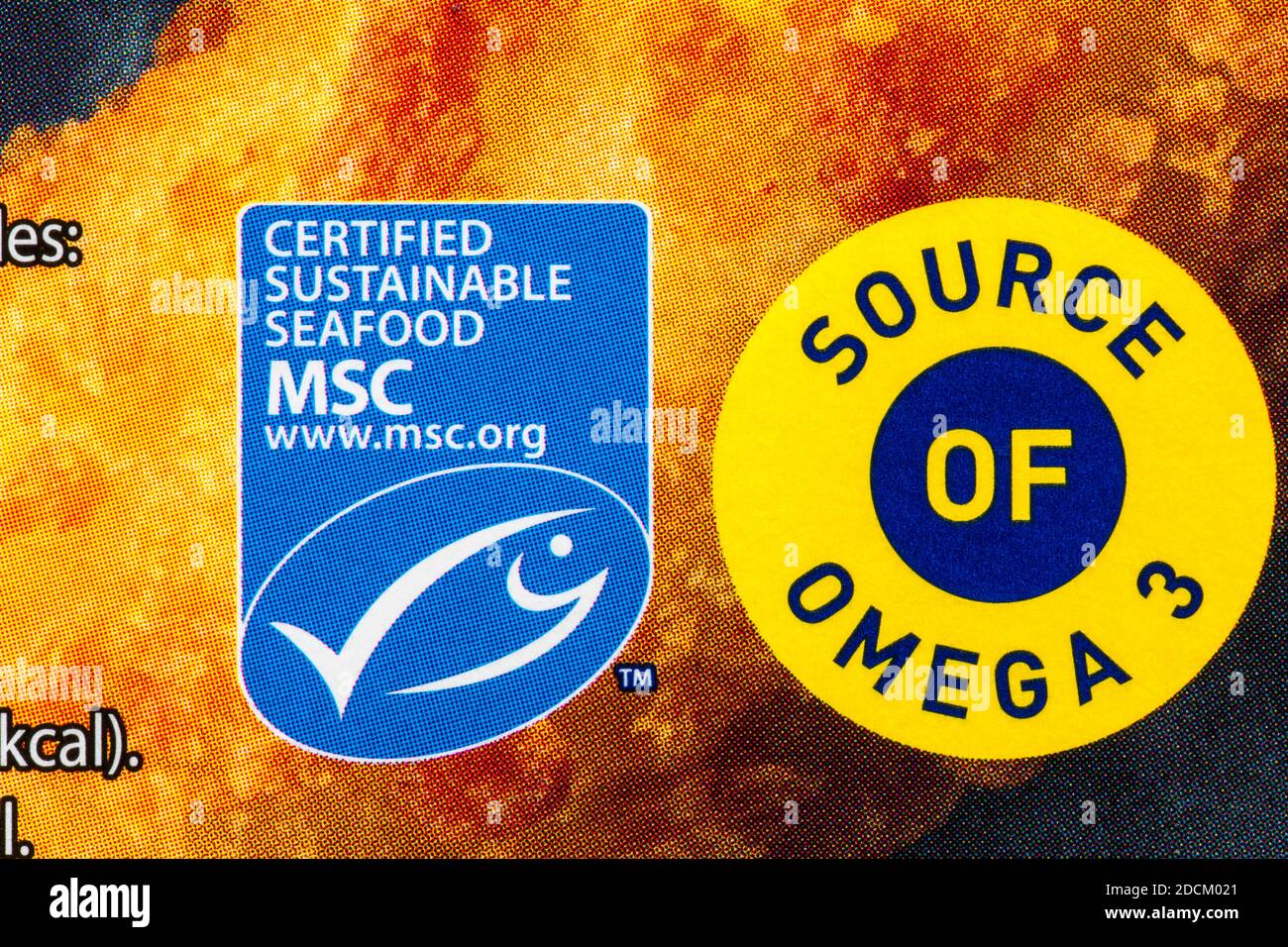 Zertifizierte nachhaltige Meeresfrüchte MSC Logo Quelle von Omega 3 - Informationen zum Paket Captain Birds Eye 6 Chunky Fish Finger - marine Stewardship council Stockfoto