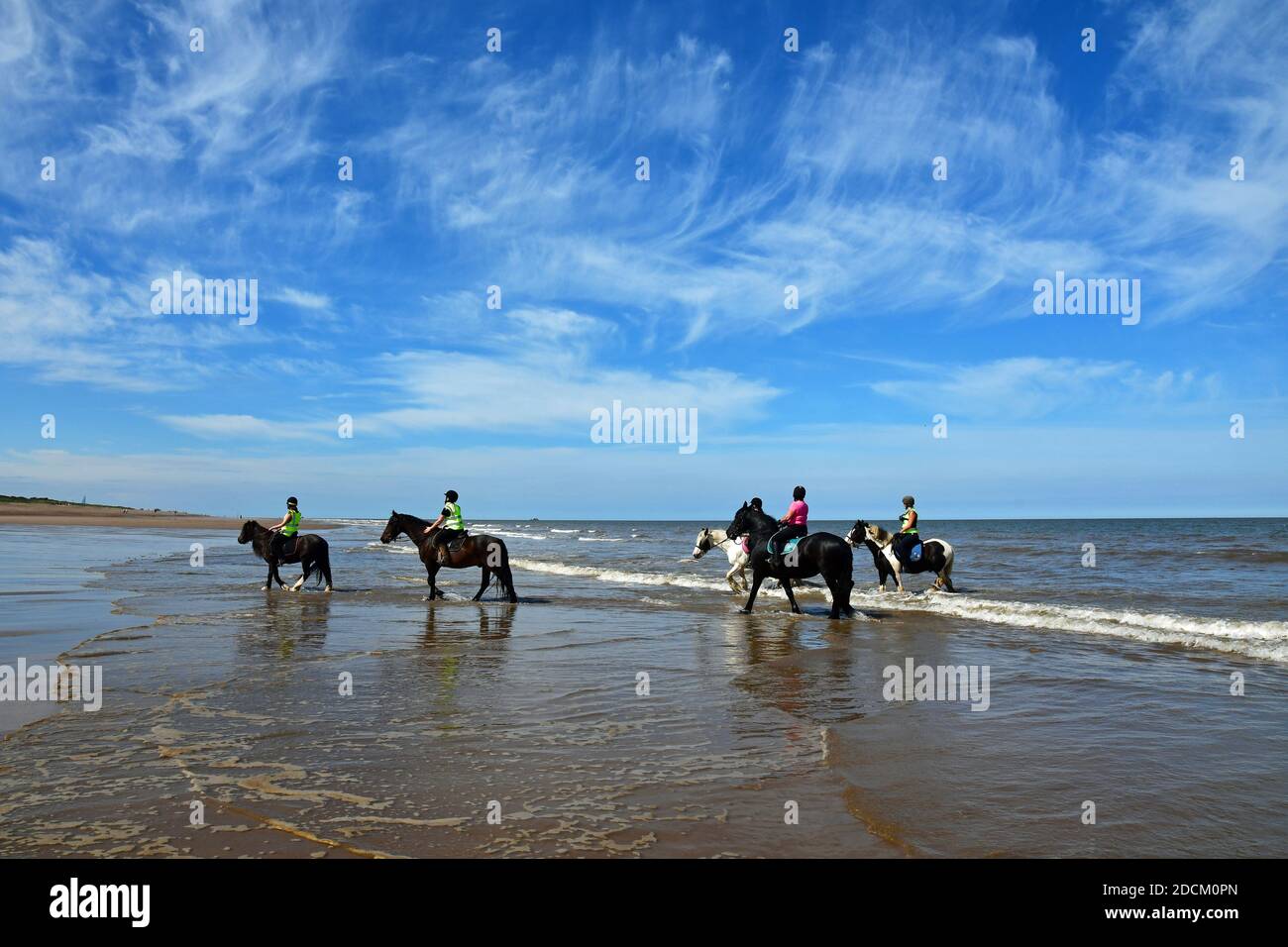 Pferde und ihre Reiter am Strand und im Meer in Chapel St Leonards, Skegness, Lincolnshire, UK Stockfoto