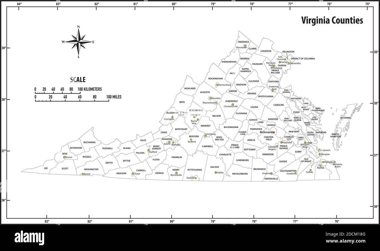 Virginia State skizzieren administrative und politische Vektor-Karte in schwarz Und weiß Stock Vektor