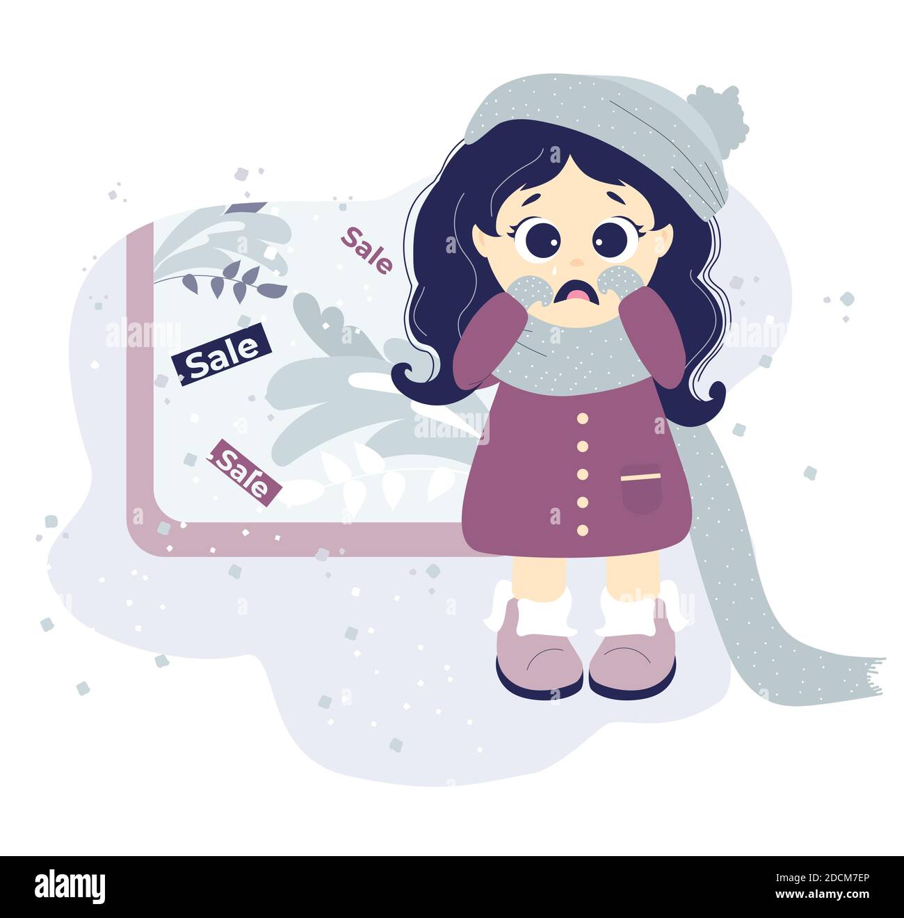 Kein Einkaufen. Verärgert Mädchen in Winterkleidung weint in der Nähe eines Ladenfensters mit einem saisonalen Verkauf. Vektorgrafik auf blauem Hintergrund mit Stock Vektor