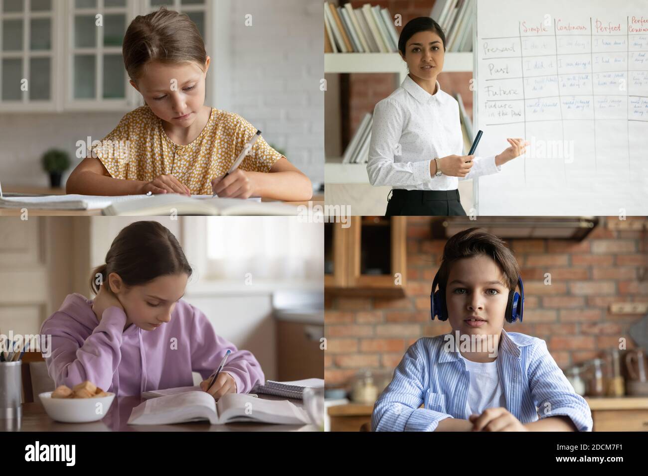 Fokussierte kleine Kinder in Online-Klasse beteiligt. Stockfoto