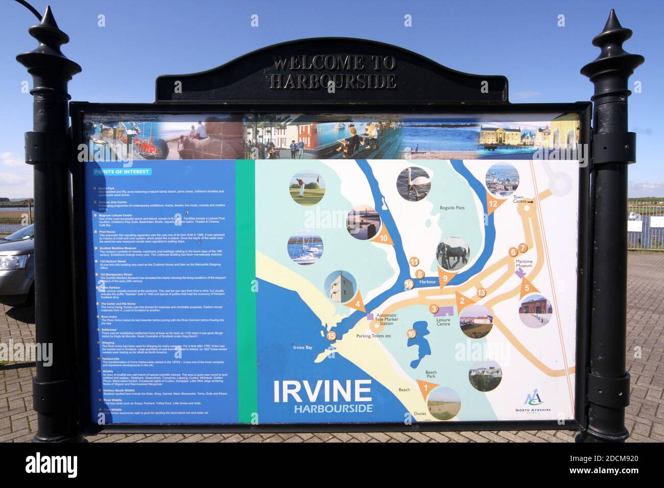 Irvine Tourist Information Board am Hafen, North Ayrshire, Schottland, Großbritannien Stockfoto