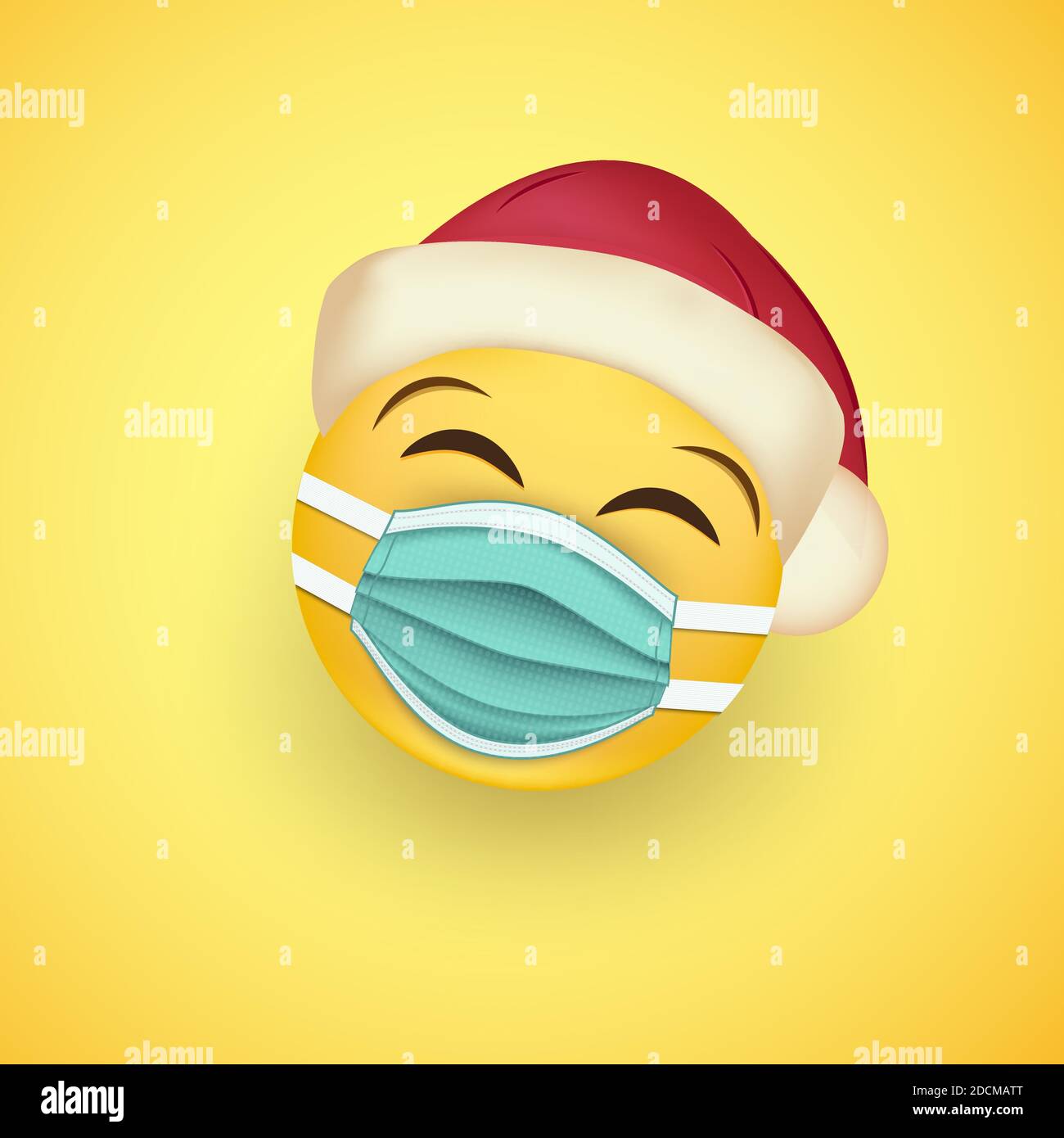 Smiley Gesicht in schützende chirurgische Maske und santa Hut. Symbol für den Ausbruch des Coronavirus. Tragen Sie eine medizinische Maske, um die Ausbreitung der Krankheit zu verhindern. Vektor Stock Vektor