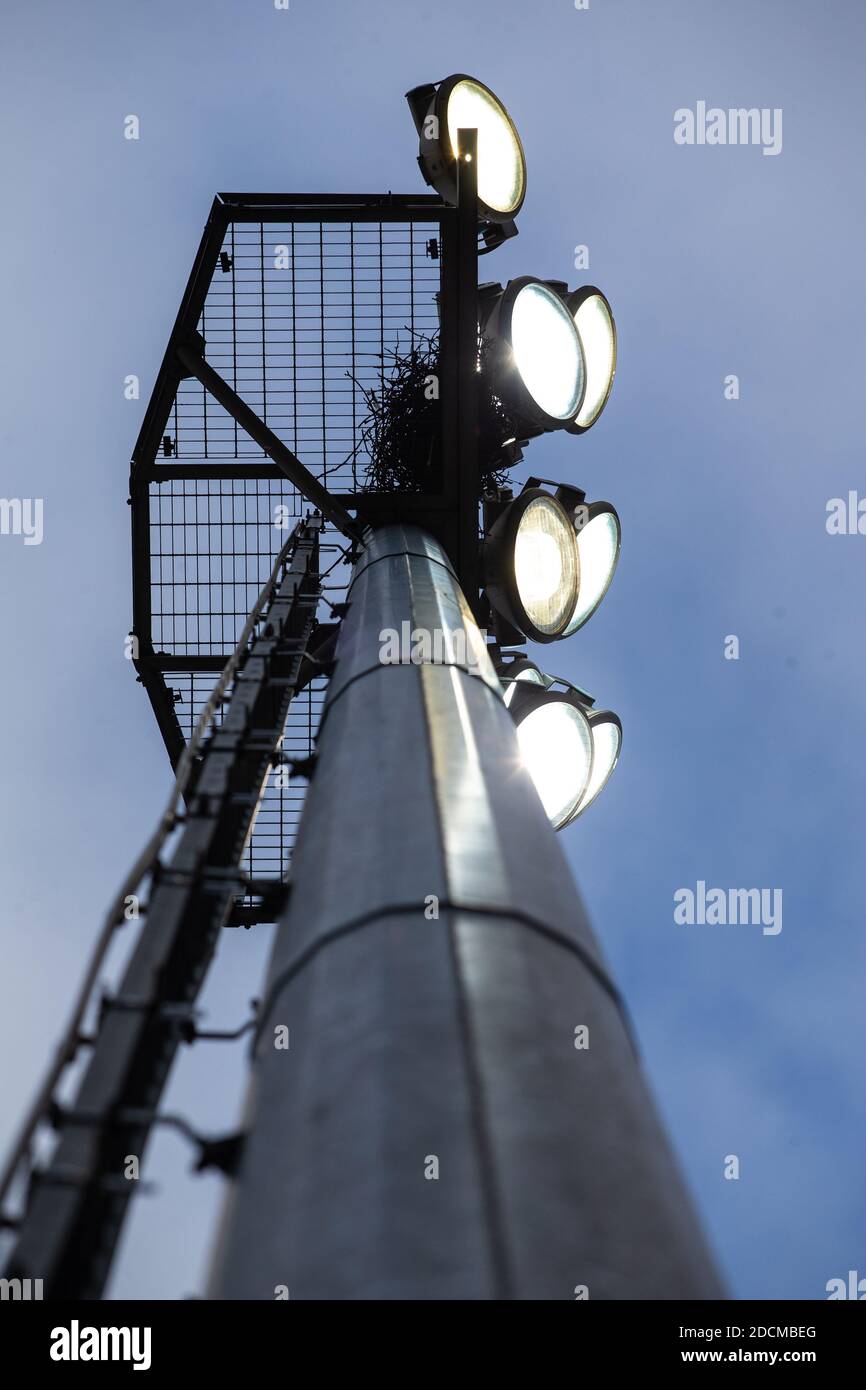 Blick auf beleuchtetes Flutlicht von unten auf Sport / Fußball / Fußballstadion Stockfoto