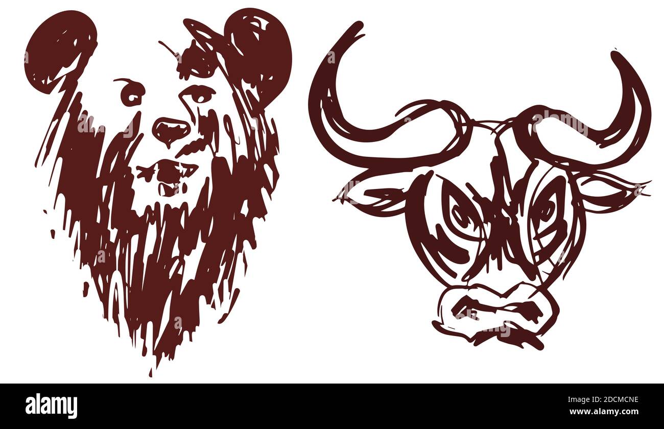 Handgezeichnete Silhouette von Bären- und Stierköpfen auf weißem Hintergrund als Symbol für bullischen und bärischen Markt isoliert, eps10-Vektordarstellung. Stock Vektor