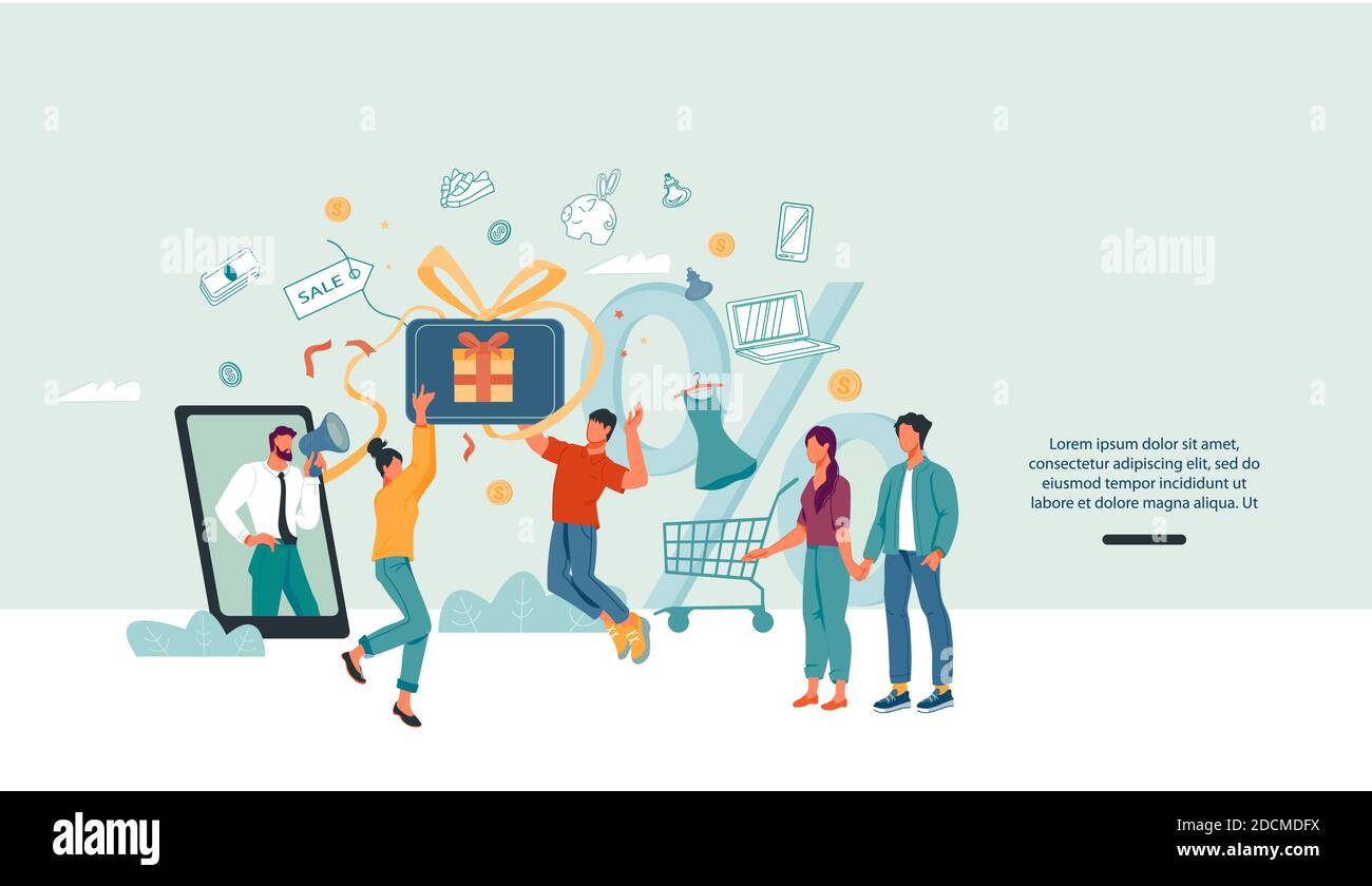 Online-Shopping-Promotion, Rabatte und Empfehlungsprogramm Web-Banner flache Vektor. Stock Vektor