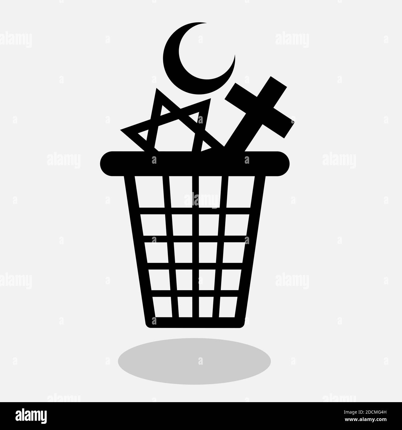 Atheismus und Ende des religiösen Glaubens - Vektor-Illustration Abfallbehälter mit Symbolen der Religionen als Metapher des Niedergangs Von Religiosität und Glauben Stockfoto