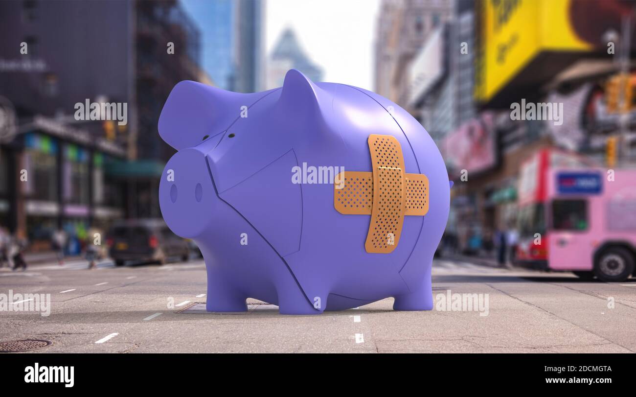 Finanzhilfe der Banken. Gebrochene Sparschwein mit einem Patch auf New York City Straßen Hintergrund. Verletzte Wirtschaft Pflege mit Verband Konzept. 3d-Illustration Stockfoto