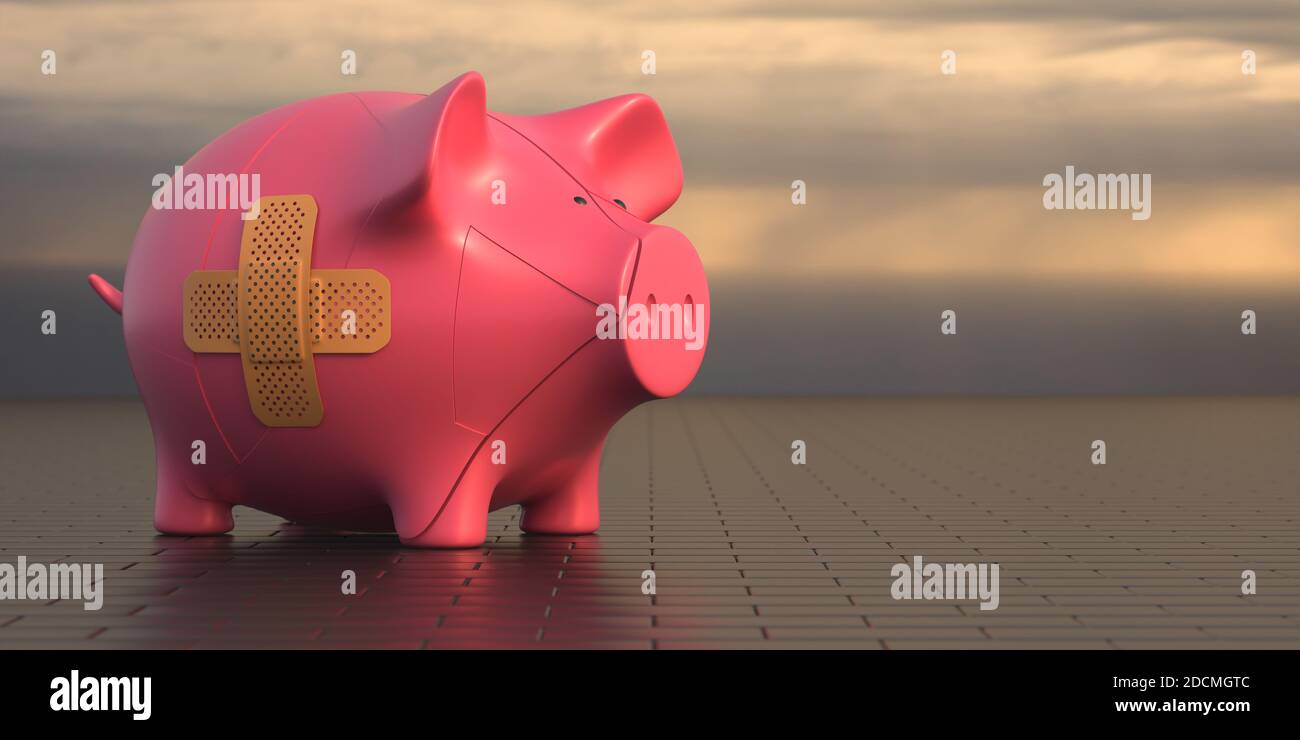 Bankfinanzkrise. Cracked Sparschwein mit einem Band Hilfe auf dramatische Wolkenlandschaft Hintergrund. Verletztes Economy-Konzept, Kopierraum, Vorlage. 3d-Illustrationen Stockfoto