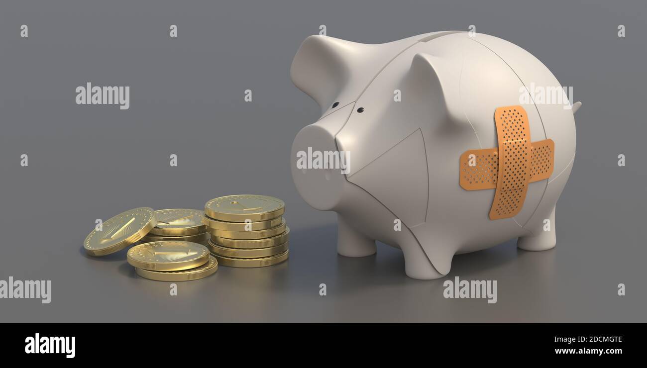 Bankfinanzhilfe, Liquiditätskonzept. Zerbrochene Sparschwein mit einem Patch und Geldmünzen auf grauem Hintergrund. Verwundete Wirtschaft Pflege mit Verband. 3d-Abb. Stockfoto