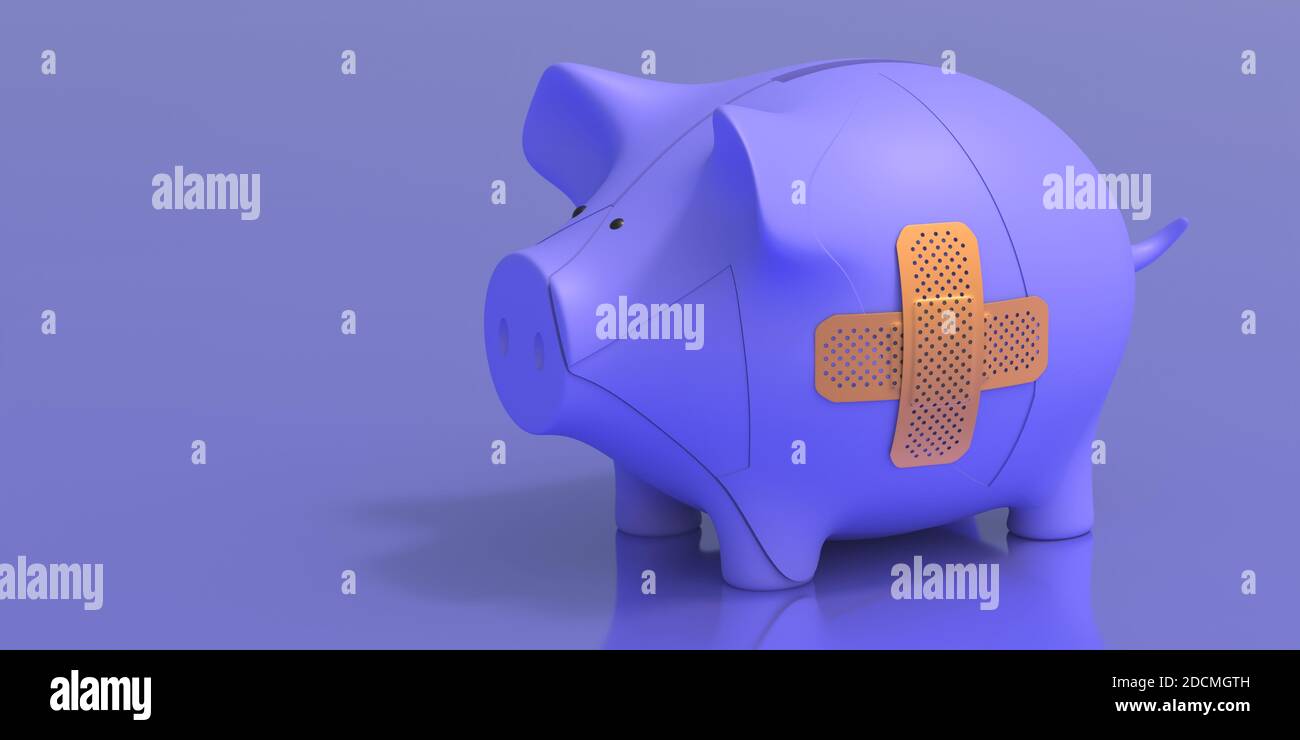 Bankenkrise. Gebrochenes Sparschwein mit einer Bandhilfe auf blauem Hintergrund. Verwundete Wirtschaft Pflege mit Verband, Kreuz Form. 3d-Illustration Stockfoto