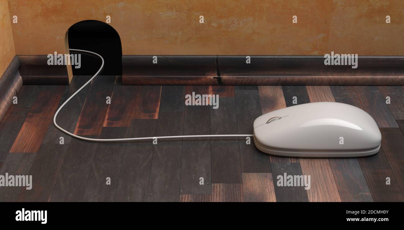 Computer Maus weiß Farbe mit Kordel in einer Mausfalle, Loch an der Wand,  Haus innen und Holzboden Hintergrund, 3d-Illustration Stockfotografie -  Alamy