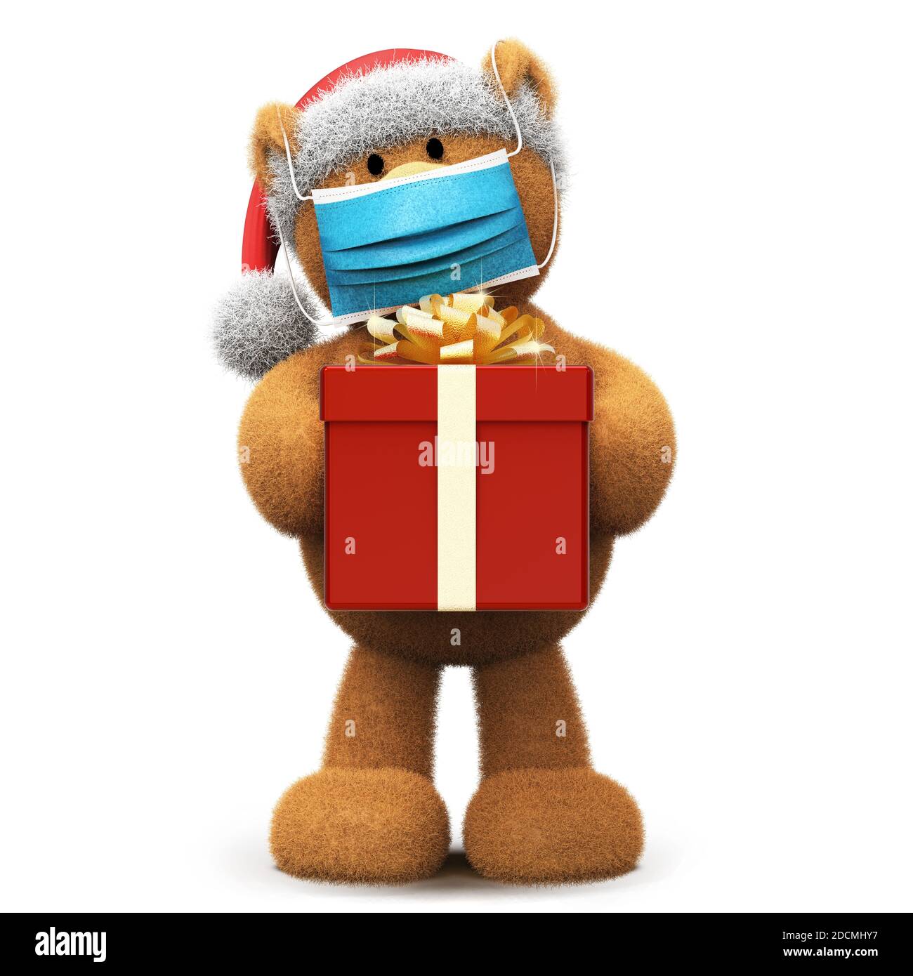 Weihnachts-Teddybär mit Weihnachtsmann Hut und OP-Masken, um Corona COVID-19 Infektion zu verhindern, isoliert auf weißem Hintergrund 3D-Rendering Stockfoto