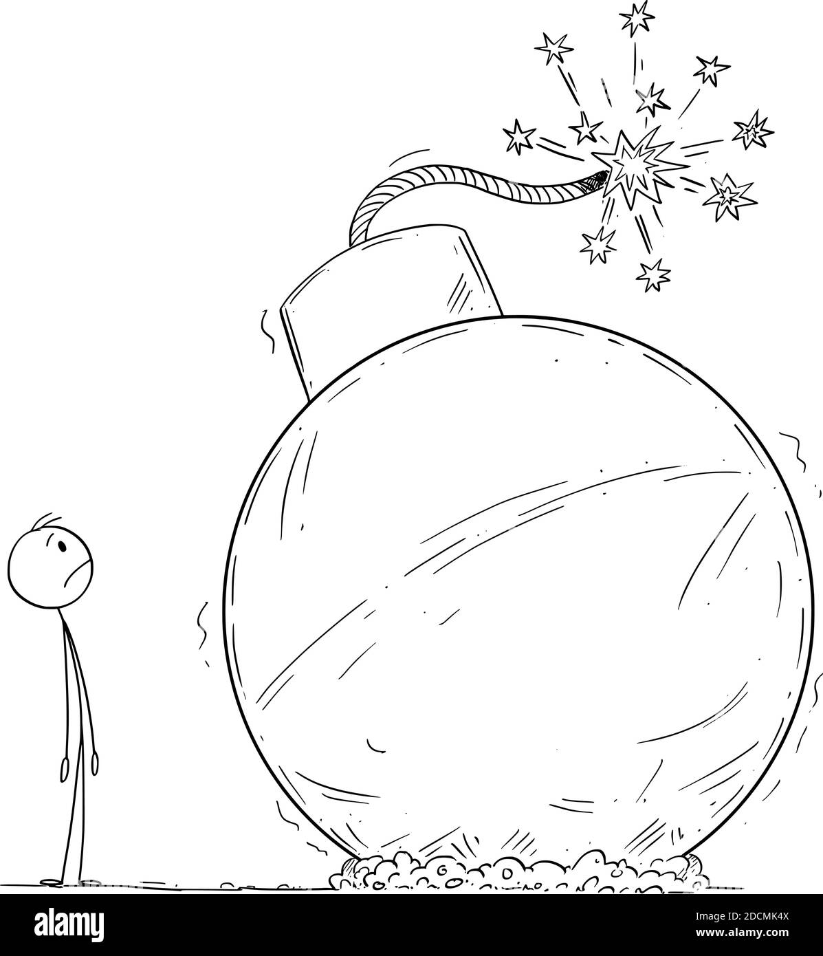 Vektor-Cartoon-Stick Figur Illustration von unheimlich frustriert Mann Blick auf Retro-Bombe Stick in Boden, die jede Sekunde explodieren wird. Konzept von Bedrohung, Gefahr, Krieg oder Konflikt. Stock Vektor