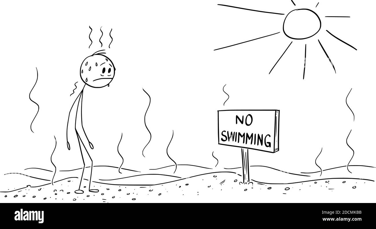 Vektor Cartoon Stick Figur Illustration von durstigen erschöpften Mann in der heißen Wüste stehen und beobachten keine Schwimmschild. Umweltkonzept für die globale Erwärmung. Cartoon, Humor, Witz. Stock Vektor