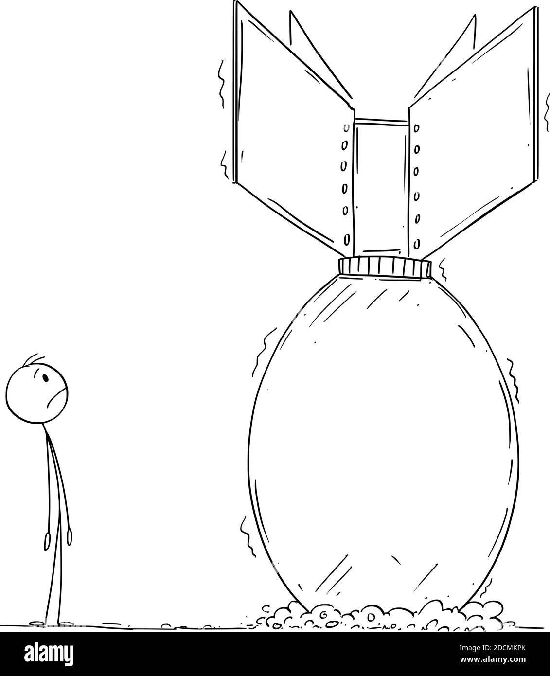 Vektor-Cartoon-Stick Figur Illustration von unheimlich frustriert Mann Blick auf nukleare Atombombe Stick in Boden, der jede Sekunde explodieren kann. Konzept von Bedrohung, Gefahr, Krieg oder Konflikt. Stock Vektor