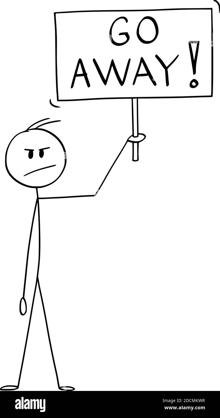 Vektor Cartoon Stick Figur Illustration frustriert oder wütend Mann zeigt negative Emotion und halten weggehen Zeichen. Stock Vektor