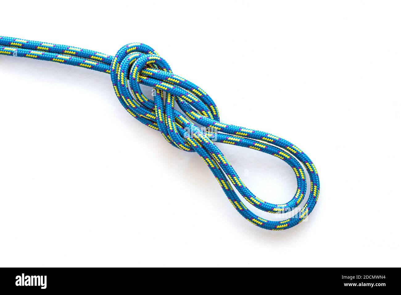 Abbildung 8 Doppelschlaufenknoten auf weißem Hintergrund Stockfoto