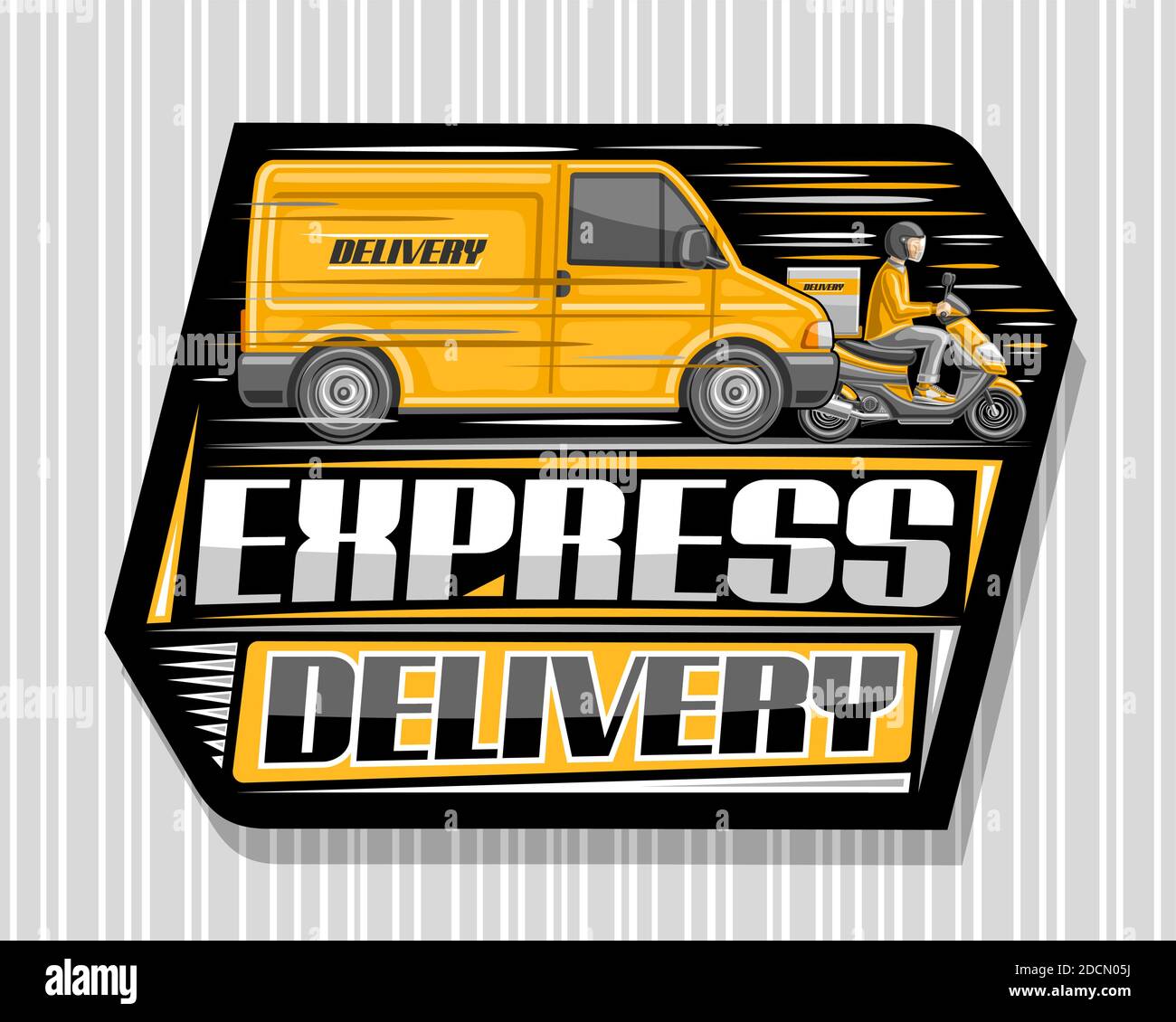 Vektor-Logo für Express-Lieferung, schwarzes Etikett mit Abbildung von LKW in Bewegung und Fahrer auf Motorrad mit Lieferkarton, dekorative Beschilderung mit Stock Vektor