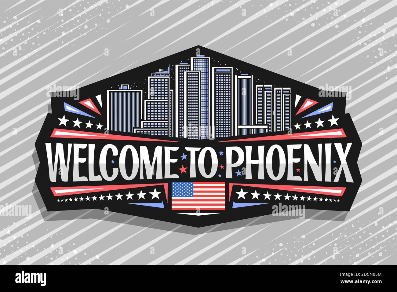 Vektor-Logo für Phoenix, schwarzes Abzeichen mit Umriss Illustration der berühmten phoenix Stadtlandschaft auf Dämmerung Himmel Hintergrund, Kunst Design Tourist Kühlschrank Magnet w Stock Vektor