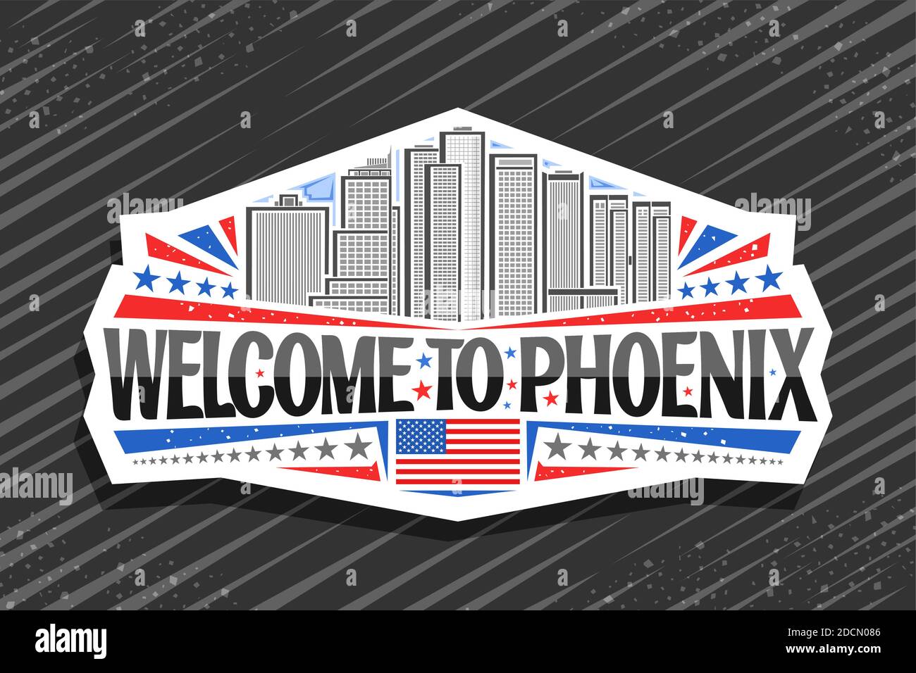 Vektor-Logo für Phoenix, weißer dekorativer Aufkleber mit Abbildung der berühmten phoenix Stadtlandschaft auf Tageshimmel Hintergrund, Kunstdesign Kühlschrankmagnet mit Stock Vektor