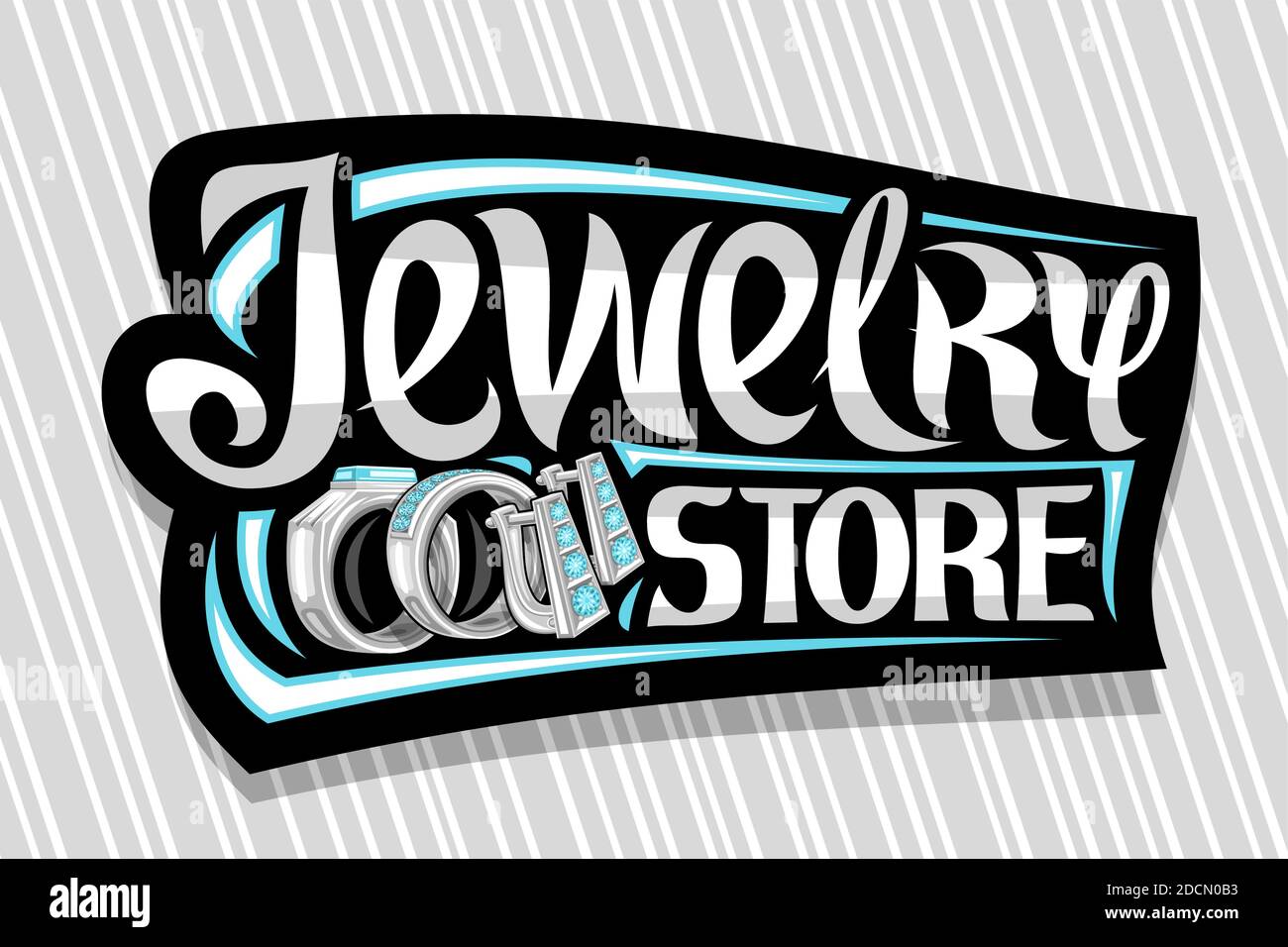 Vektor-Logo für Jewellery Store, dekoratives Schild mit Illustration von Set Platinringen mit blauem Edelstein und Saphirohrringen mit englis Stock Vektor