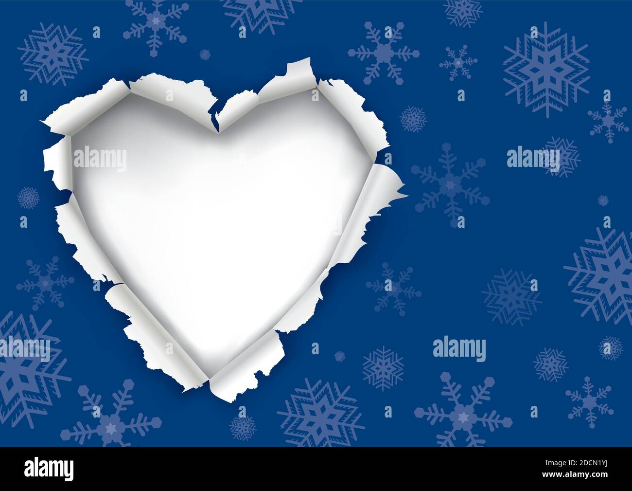 Weihnachten zerrissenes Papier mit Herz, blauer Hintergrund mit Schneeflocken. Illustration von blau zerrissenen Papier Hintergrund mit Herz-Loch. Stock Vektor