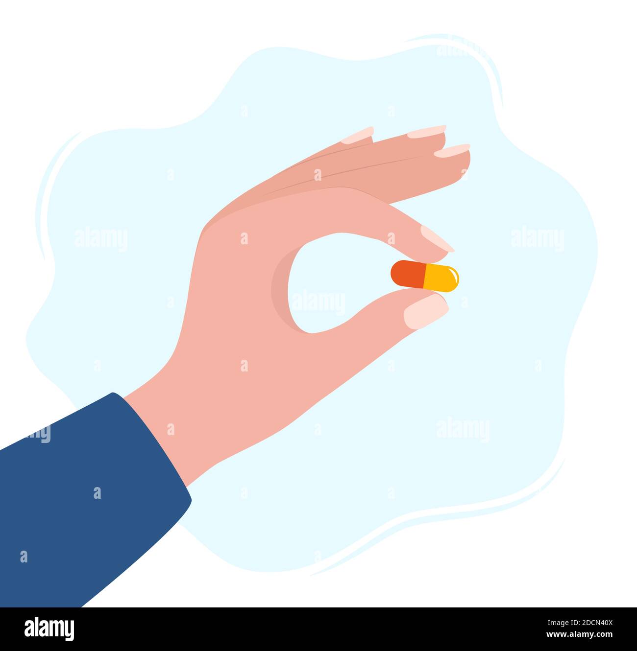 Menschliche Hand hält Pille zwischen den Fingern Vektor-Illustration in flachen Stil. Medikationsbehandlung, Pharmazie und Medizin, Konzeptvektor Illustration Stock Vektor