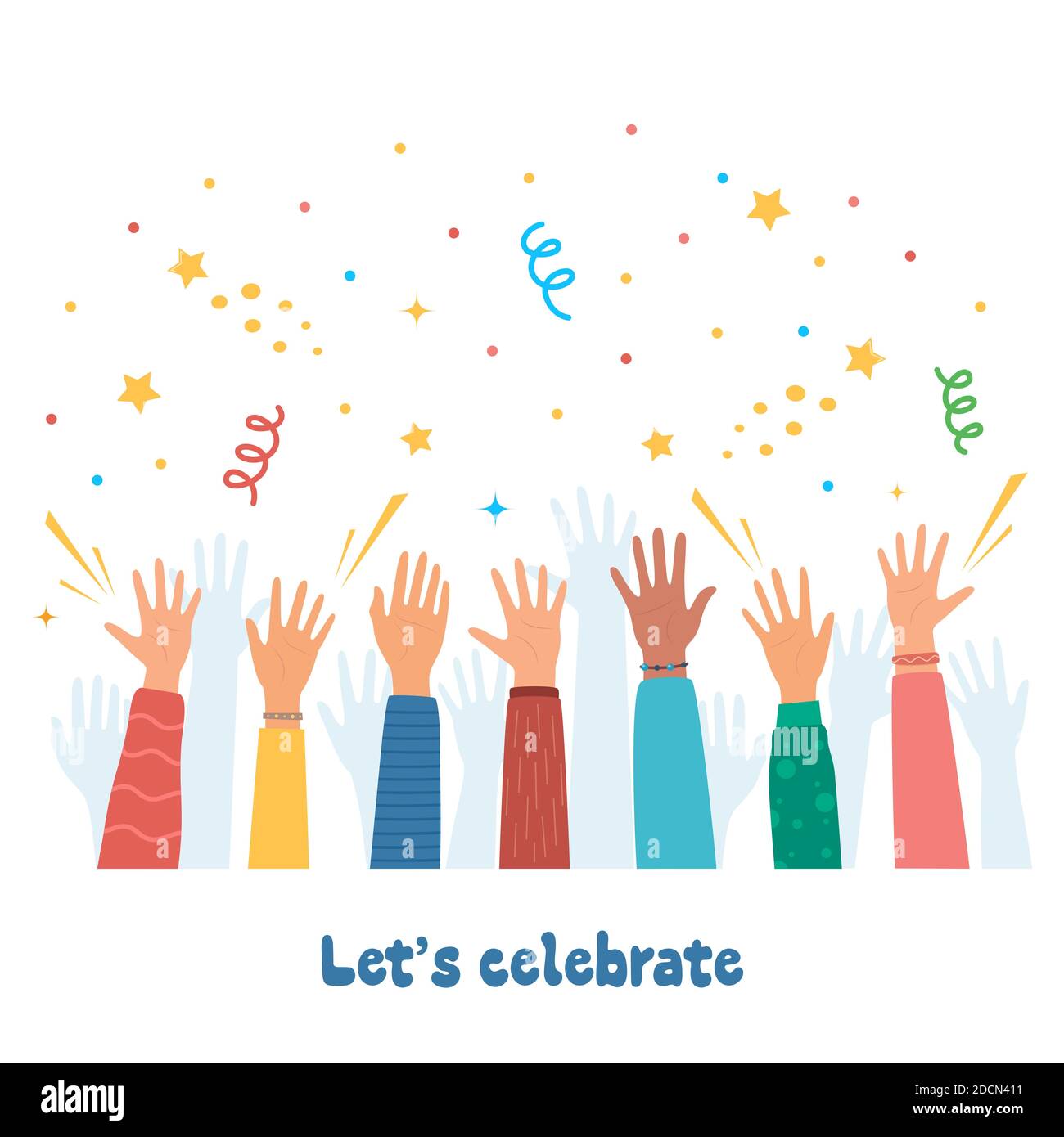 Erhöhte Hände von glücklichen Menschen feiern. Menschenmenge auf der Party. Die Menschen feiern. Feuerwerkskörper, Konfetti, Feuerwerk, Karneval. Diverse junge Leute Stock Vektor