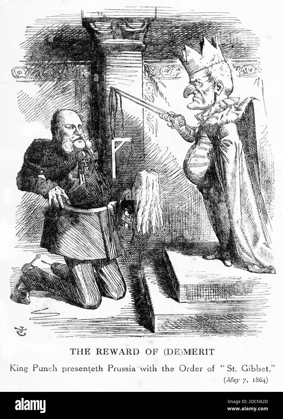 Gravur von King Punch, der Preußen mit dem Orden des Hl. Gibbet präsentiert. Illustration aus dem Punch Magazine 1864 Stockfoto