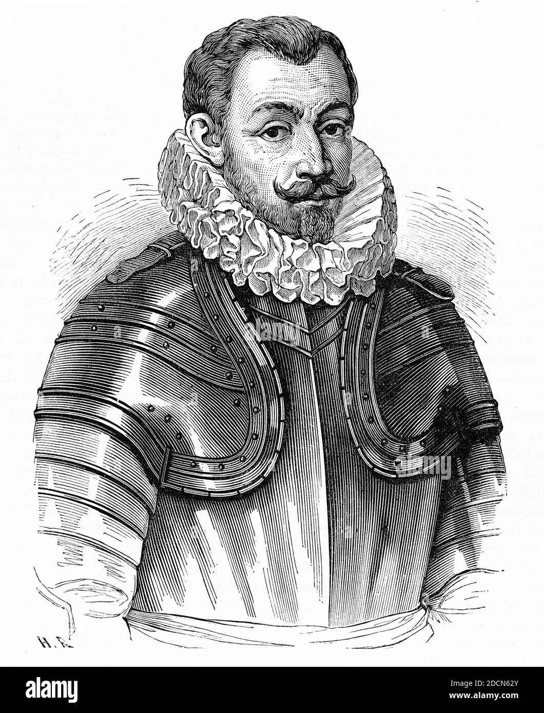 Eingraviertes Porträt von Johann Tserclaes, Graf von Tilly (1559 – 1632) Feldmarschall, der im Dreißigjährigen Krieg die Streitkräfte des Katholischen Bundes befehligte. Stockfoto