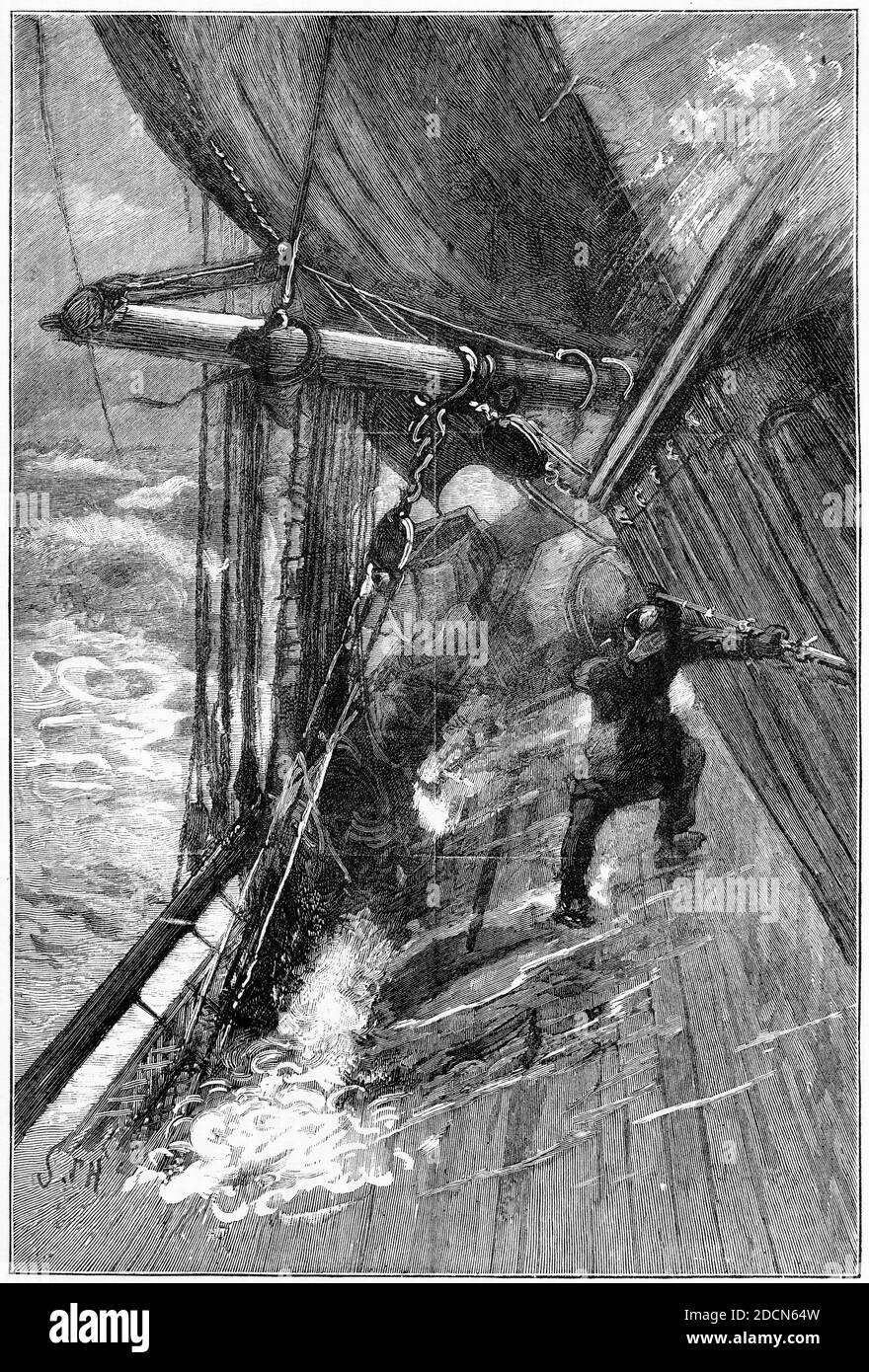 Halbton eines Matrosen kämpfen, um seinen Fuß auf Das Deck eines hohen Schiffes bei rauem Wetter Stockfoto